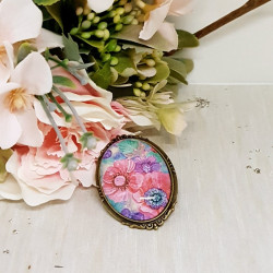 Broche ovale avec cabochon en verre Fleurs d'été