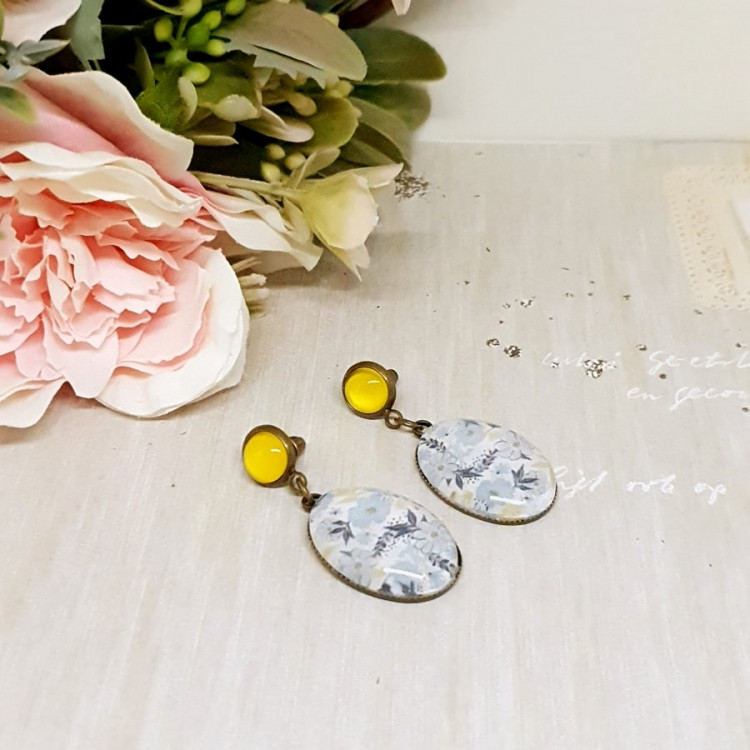 Boucles d'oreilles pendantes avec cabochon en verre Fleurs Gold&Blue