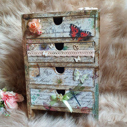 Boîte à bijoux façon mini commode, 4 tiroirs, Modèle Envolée de papillons